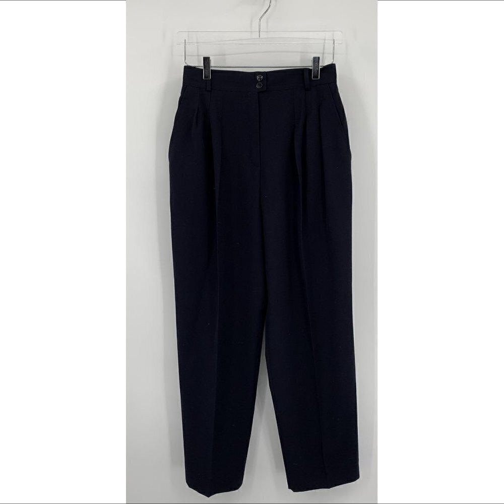 Escada pleated wool trousers pants navy blue vintage high rise tapered leg 40 10